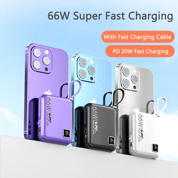 66 Вт Супер Быстрая Зарядка Mini Power Bank Запасной Аккумулятор Портативный Powerbank для iPhone13 Xiaomi Samsung Huawei Poverbank с кабелем