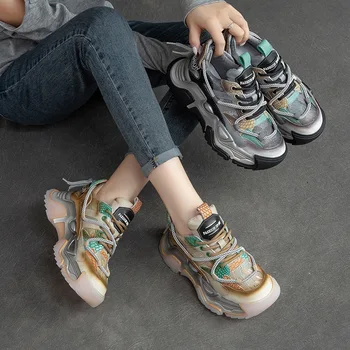 Кроссовки Birkuir Sprots, женская обувь на шнуровке, модная вулканизированная обувь на толстом каблуке, Разноцветная Кожаная уличная обувь на платформе