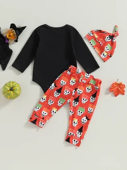 Комплект костюмов для Малышей на Хэллоуин, Комбинезон с длинными рукавами, Штаны с принтом Черепа и шляпа - Осенняя Одежда для Хэллоуина из 3 предметов