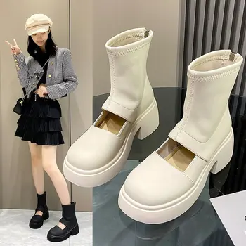 2023 г. новые женские весенние туфли, круглый носок, платформа, на высоком каблуке, повседневные, молния сзади, модные дизайнерские ботинки черного цвета,