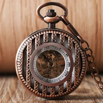 Стимпанк, Красные Карманные часы с выдолбленным механическим ручным заводом, дизайн в вертикальные полосы, Часы-брелок, Подарочный Аксессуар, Часы-ожерелье