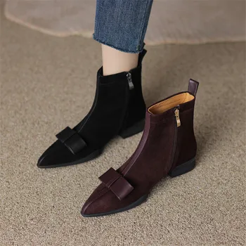 Новые короткие ботинки из овечьей замши, осенне-зимняя женская обувь, ботинки на толстом каблуке с острым носком для женщин, модные ботинки на платформе для женщин
