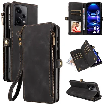 Кожаный Чехол-бумажник с несколькими карманами для Redmi 12C 13C, Бампер Для Телефона, Магнитная Откидная Сумочка, Ремешок На молнии, Слот Для Карт, Чехол-бумажник