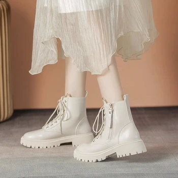 Брендовая Женская обувь 2023 г., Высококачественные Зимние Женские ботинки на платформе с круглым носком и Высоким берцем, Мотоботы на шнуровке, Zapatos De Mujer