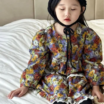 Детское платье 2023 Весна Осень, платье с цветочным рисунком для девочек, Кружевное Длинное платье в Корейском стиле в стиле Ретро, картина маслом, Милое повседневное платье принцессы