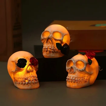 Голова черепа из светящейся смолы на Хэллоуин, светодиодное украшение в виде черепа Террориста, Голова скелета с цветочным украшением на Хэллоуин
