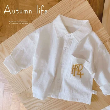 Рубашка для мальчиков Белая, весенне-осенняя одежда для малышей от 8 до 5 лет, детский однотонный топ с карманной вышивкой, детская рубашка с длинными рукавами
