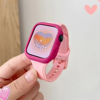 Корейский Милый Розовый Силиконовый ремешок + чехол для Apple Watch Band Ultra2 49 мм 44 40 45 41 мм 42 38 Для Iwatch серии 9 8 7 SE 6 5 5 4 Ultra