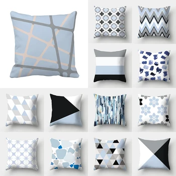 Минималистичная геометрия, Серо-Синяя Полиэфирная подушка, наволочка, украшение для гостиной, дивана, спальни, 45x45 см