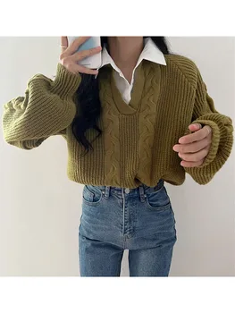 Женские осенние пуловеры Корейского нишевого дизайна с отстрочкой лацканов, искусственный свободный повседневный универсальный вязаный свитер из двух частей D5689