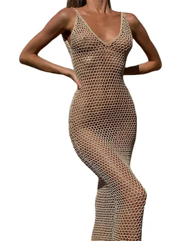 Женское платье-накидка, вязаное крючком, без рукавов, прозрачное длинное платье Макси с разрезом сбоку, платье на бретелях с кисточками, пляжная одежда