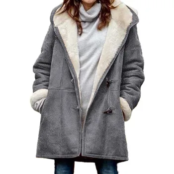 Осень и зима Новая европейская и американская мода Куртка с капюшоном средней длины с длинным рукавом и пуговицами Плюшевое теплое пальто Хлопковое пальто