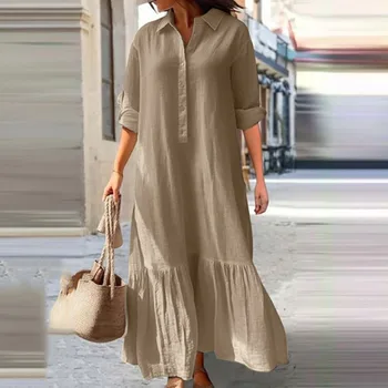 Весеннее хлопковое льняное платье-рубашка на пуговицах, винтажное однотонное плиссированное платье с длинными рукавами для поездок на работу, женское платье-халат с отложным воротником