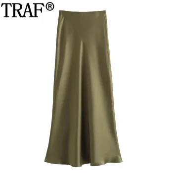 TRAF 2023 Женская атласная юбка с высокой талией, длинные юбки для женщин, осенние элегантные социальные женские юбки, модная винтажная юбка миди