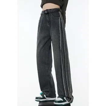 Весенние прямые женские джинсы с высокой талией, уличная одежда, Корейская мода, винтажные синие мешковатые джинсовые брюки, широкие брюки
