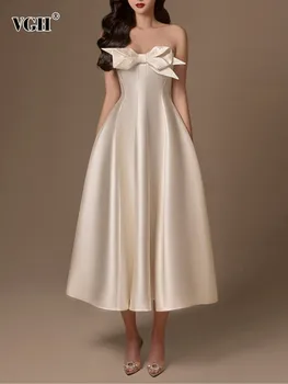 Женское атласное платье VGH в стиле пэчворк с бантом, с вырезом лодочкой, без рукавов, без спинки, с высокой талией, темпераментные платья, женская мода