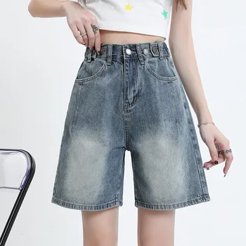 Корейская версия модных летних джинсовых шорт в стиле ретро для женщин с высокой талией, прямые свободные джинсы Y2K с пятью точками, регулируемая талия