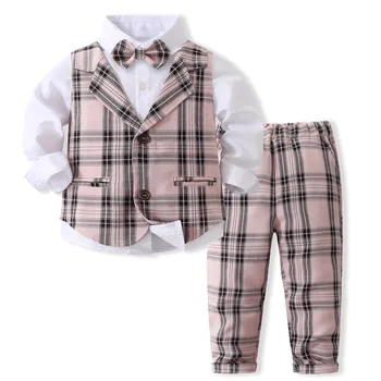 Осенний бутик-комплект одежды для мальчиков, детский Розовый клетчатый жилет, брюки с классической белой рубашкой, костюмы для детского дня рождения