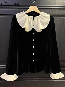 Женские рубашки из милого черного бархата в складку во французском стиле в стиле ретро, весенне-осенний модный универсальный однобортный свободный кардиган