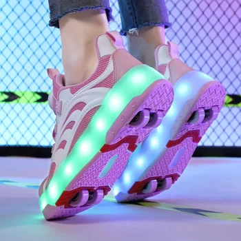 Новая розовая модная обувь для девочек и мальчиков со светодиодной подсветкой для катания на роликовых коньках для детей, детские кроссовки с колесами, Четыре колеса