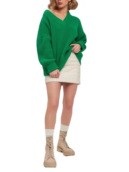 Женский джемпер с открытыми плечами и V образным вырезом, повседневный Свободный вязаный свитер Оверсайз с длинным рукавом, пуловер из толстого трикотажа