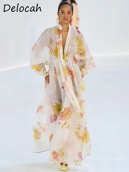 Delocah Высококачественное Летнее Женское Модное Праздничное платье для подиума с бантом, рубашки с мелким цветочным принтом, рукава-фонарики, Стильные длинные платья