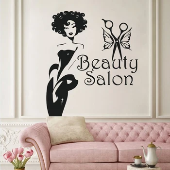 Наклейка на окно с логотипом салона красоты Beauty Girls Виниловая наклейка на стены Бабочка Ножницы Настенные росписи Оформление студии макияжа AZ659