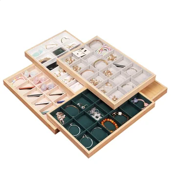 Бамбуковый лоток для ювелирных изделий с 18 сетками, кольцо, серьги, ожерелье, браслет, подвеска, бусины, органайзер, лоток для хранения в выдвижном ящике