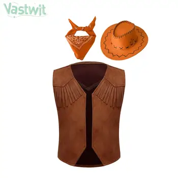 Детский ковбойский костюм в западном стиле для мальчиков, кардиган с бахромой, жилет со шляпой, бандана, одежда для ролевых игр на Хэллоуин