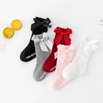 Новые однотонные чулки в полоску для мальчиков и девочек, нескользящие носки с бантиком для малышей из чистого хлопка