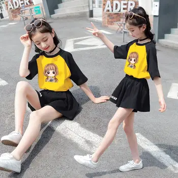 Детская одежда для девочек, Модная Повседневная футболка с круглым вырезом и буквенным принтом, Лоскутный Топ + Черные Шорты, Комплект уличной одежды из 2 предметов, от 4 до 12 ЛЕТ