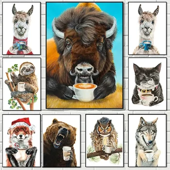 Забавное животное, Тигр, Сова, Собака, кошка, пьющая кофе, плакат, картина на холсте, Лама, кофе Латте, Художественная картинка для украшения кофейни