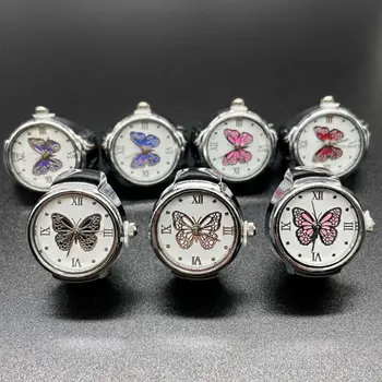 Модный женский циферблат, Кварцевое кольцо на палец, Часы с бабочкой, Эластичный подарок, Декоративные украшения, Цифровые Мини-Винтажные часы, Часы в подарок