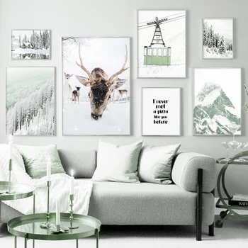 Зимняя снежная сцена, дом, олень, сосновый лес, домашнее искусство, холст, живопись, плакаты на скандинавскую тему и принты, настенные панно для декора гостиной