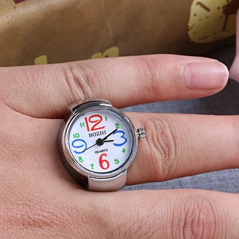 Обручальные кольца для женщин Механизм серебристого цвета Кварцевое кольцо на палец Циферблат Часов Круглый Арабский Часы с кольцом на палец из нержавеющей стали