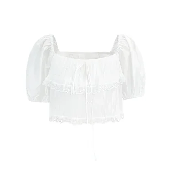 Женская укороченная рубашка во французском стиле, летний кружевной короткий топ на шнуровке