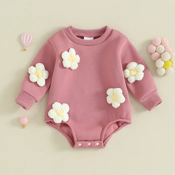 Детская толстовка, комбинезон с круглым вырезом и длинными рукавами, боди с 3D цветами, одежда для новорожденных девочек