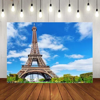 Фон Эйфелевой башни Парижские квадратные фоны Фотография Зеленый луг Голубое небо Белое облако Фон баннера Студийный реквизит