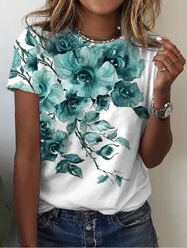 Camiseta feminina estampada em flores 3D, blusa feminina, manga curta, tamanho grande, moda verão, roupas Y2K, 2023