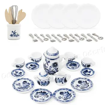Odoria 1: 12 Миниатюрный Фарфоровый набор чайных чашек Lotus Тарелки, Столовые Приборы, Посуда для выпечки, Кухонные принадлежности для кукольного домика, кухонные принадлежности для еды