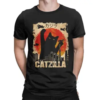 Catzilla-Японская Мужская рубашка для любителей Кошек и Котенков, Забавные Футболки С коротким рукавом И Круглым вырезом, Хлопковая Оригинальная одежда
