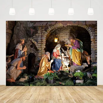Интерьер Mehofond Христианский пейзаж Рождения Иисуса Фон для фотосъемки Рождественская вечеринка по случаю Рождества Фон для овец Студийная фотозона