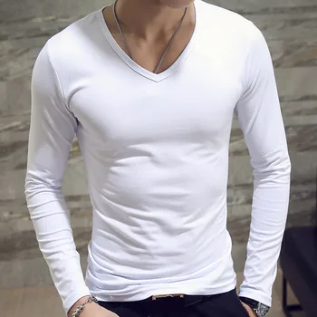 Белая базовая Приталенная Мужская футболка, Весна-осень, Однотонная Нижняя рубашка, Мужские Повседневные топы С V-образным вырезом и длинным рукавом, Мужская футболка