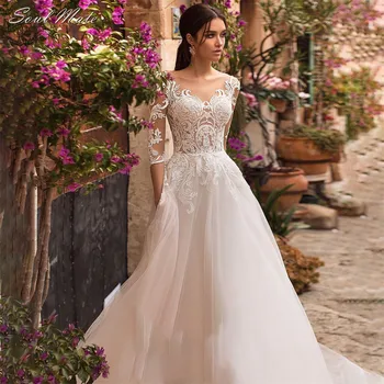 Элегантные свадебные платья трапециевидной формы для женщин с короткими рукавами, свадебные халаты с аппликацией, свадебное платье с открытой спиной, Vestido De Novia в стиле милой девушки
