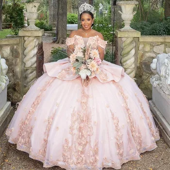 Розовые Кружевные Пышные Платья С 3D Цветочной Аппликацией, Бальное Платье С Открытыми Плечами, Расшитое Бисером И Кисточками, Милое 15 Vestidos De XV Quinceañera