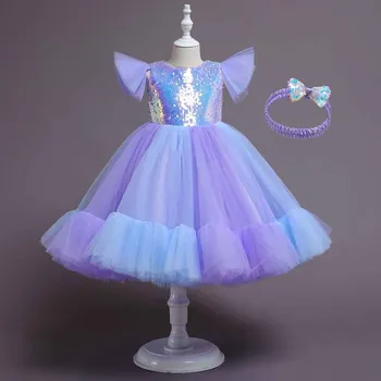 Блестящие платья принцессы с блестками для девочек Модные детские сетчатые платья-пачки с расклешенными рукавами Детская одежда для вечеринки по случаю дня рождения Бальное платье