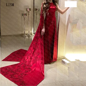 LISM Красное платье трапециевидной формы с аппликацией на высоком вырезе, атласные элегантные вечерние платья с рукавами-накидками, без спинки, Саудовско-арабский فساتين السهرة 2023