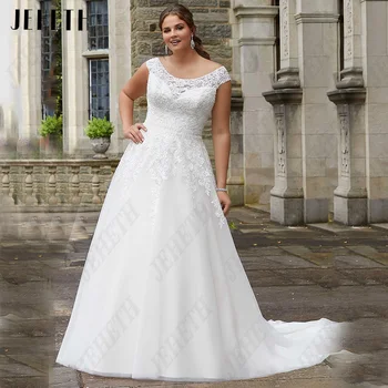 Элегантные свадебные платья JEHETH Для женщин с короткими рукавами, Тюлевые платья для невесты, большие размеры, Кружевная аппликация трапециевидной формы, Robe De Mariee
