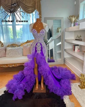 Фиолетовое Длинное платье для выпускного вечера для чернокожих девушек 2023, расшитое бисером и стразами, платья для вечеринки по случаю дня рождения, вечернее платье с хрустальными оборками и высоким разрезом