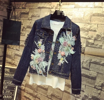 Демисезонный для женщин повседневное цветы вышивка рваная дыра, вышитая бисером куртка женский винтаж тонкий джинсовый жакет TB3387